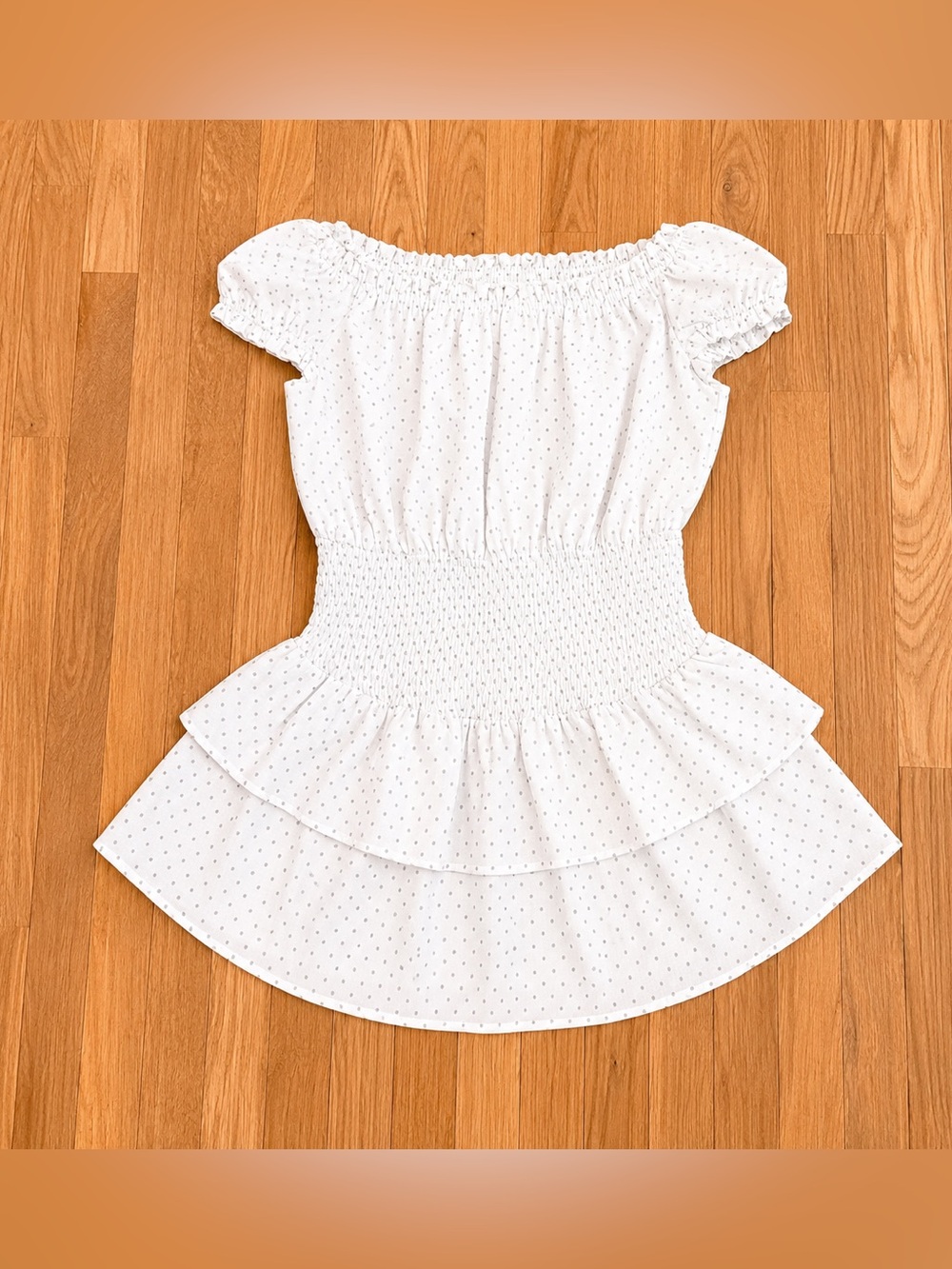 Promesa Boutique Off-the-Shoulder Smocked Romper | Cream Polka Dot | Size M